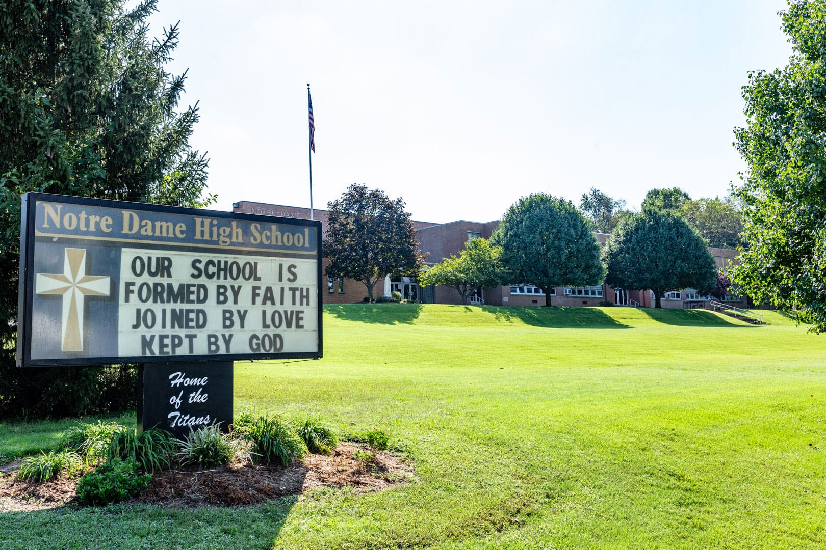Exterior and sign for Notre Dame High School.