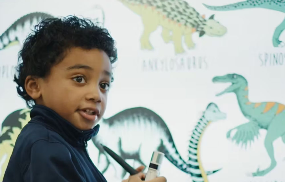 Young child in front of an illustrated dinosaur display.